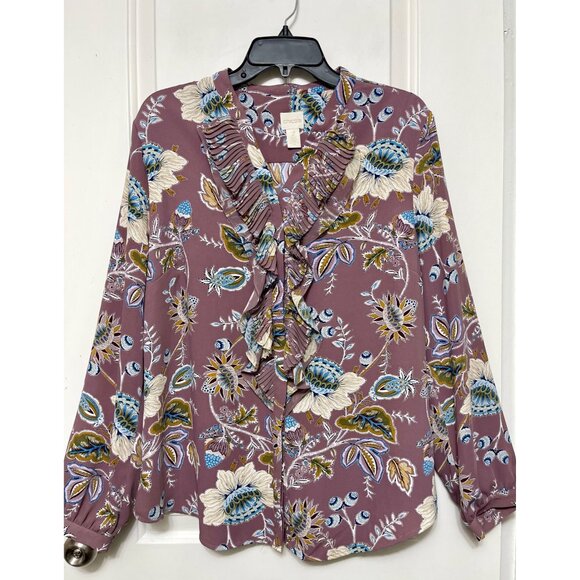 Chico’s Jacobean Bouquet Pleated Ruffle Long Sleeve Blouse Size 2/ US L - Picture 4 of 11